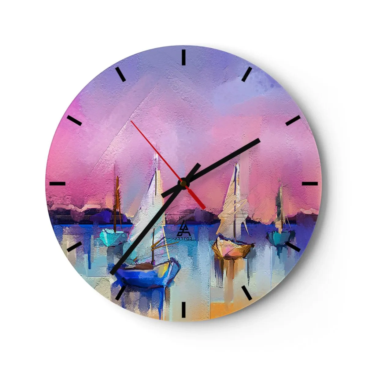 Väggklocka - Klocka på glas - Abstrakt marina med segelbåtar i pastellfärger - 30x30cm - Riktning: öppet vatten - Modern väggdekoration för vardagsrum, kök och sovrum ARTTOR