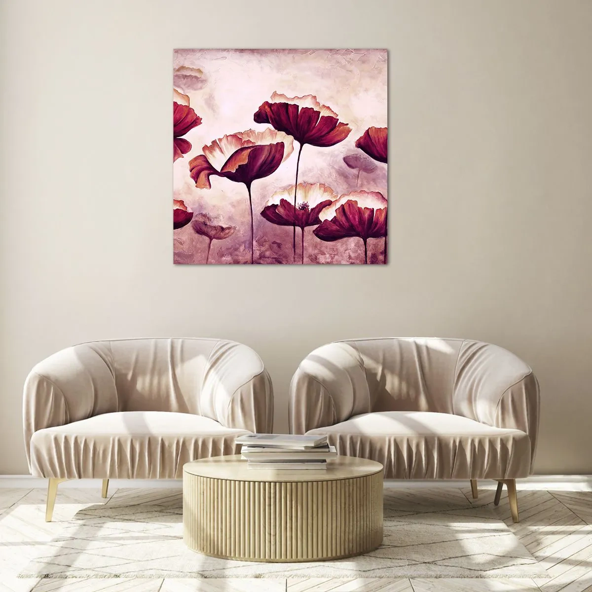 Glastavla - Bild på glas - Röd och vit flinga - 60x60 cm