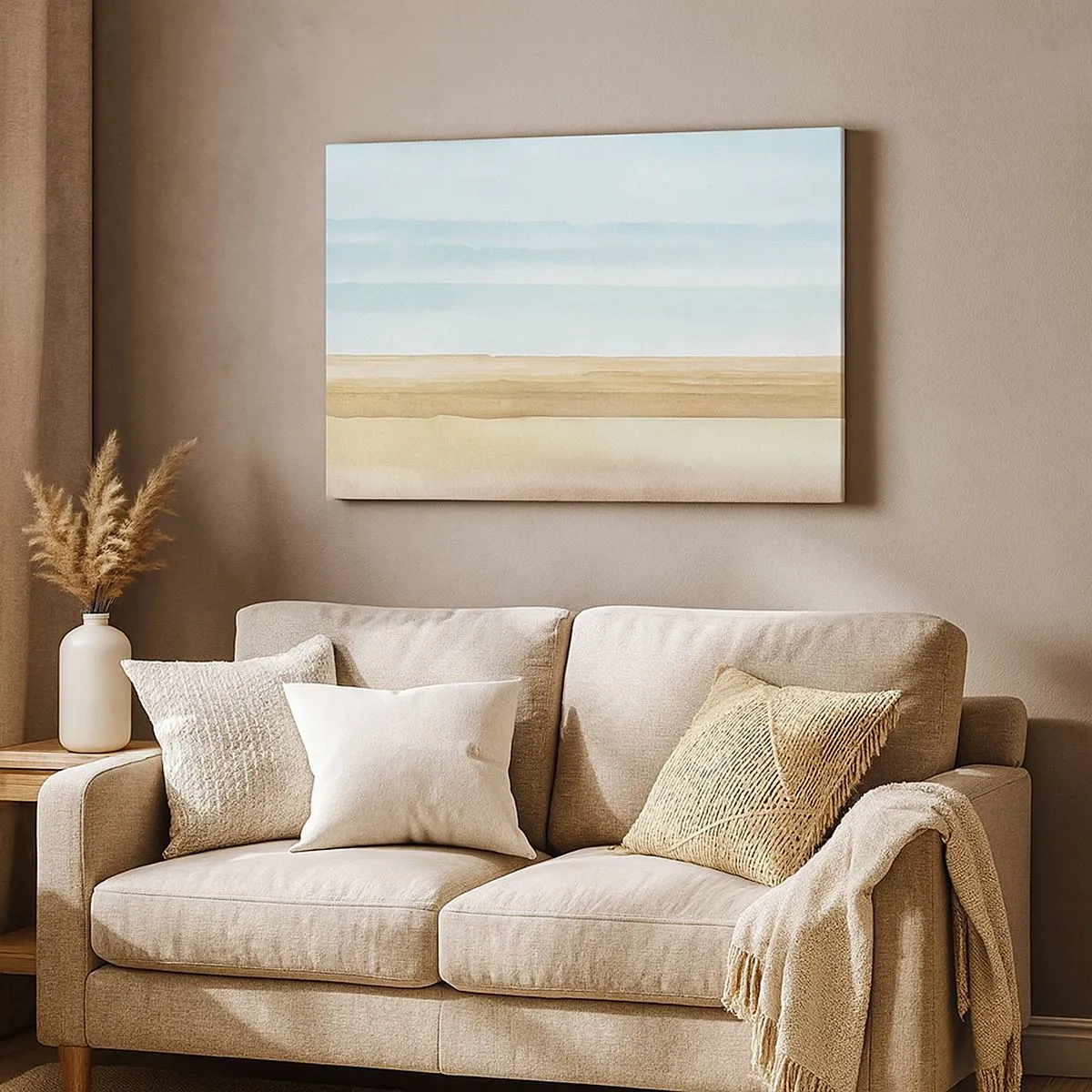 Canvastavla - Bild på duk - Ett par kardinaler uppe på grenar i ett pastellfärgat landskap - 70x50cm - Rosa skogens saga - Modern väggdekoration för vardagsrum och sovrum ARTTOR