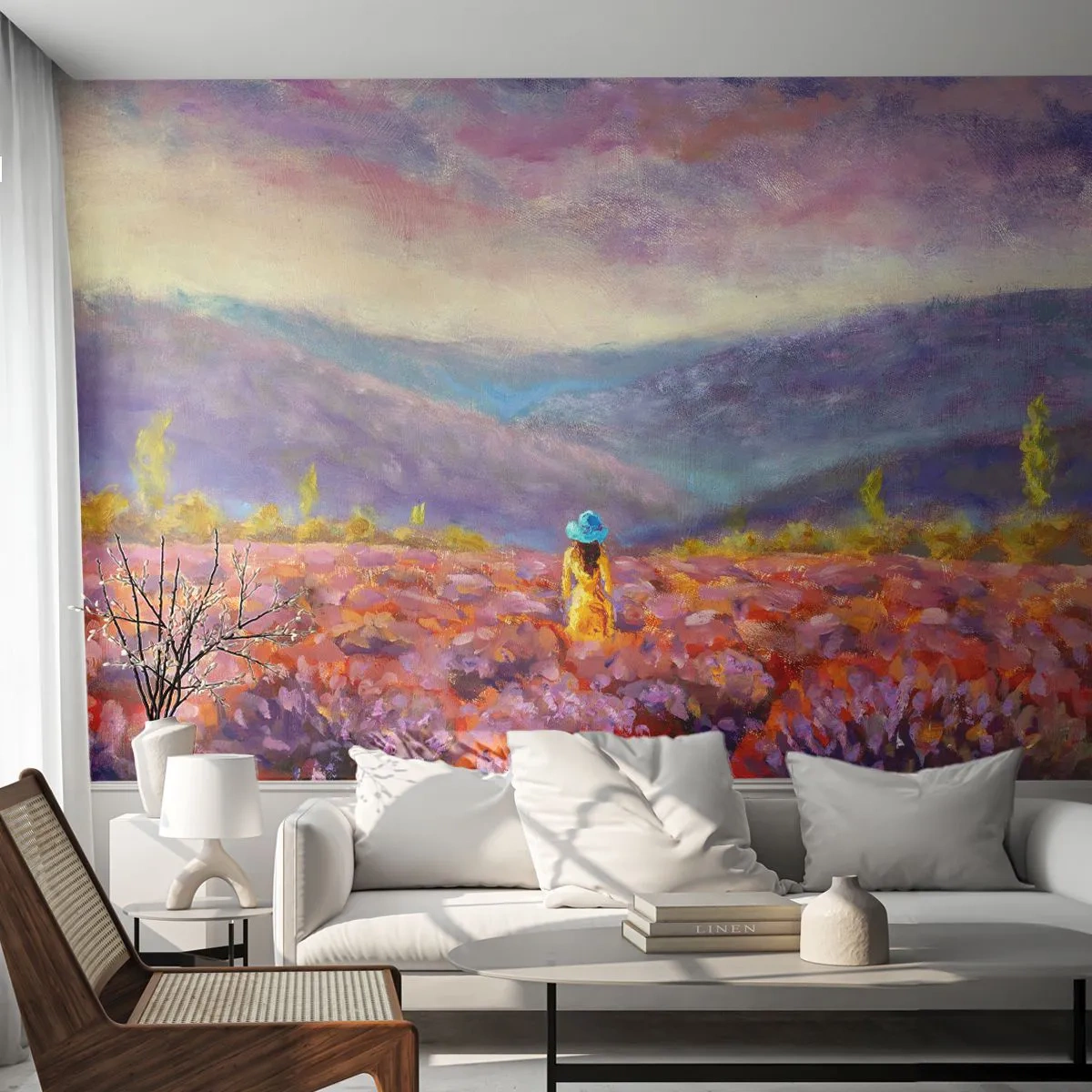 Fototapet Standard Eco - I lavendelsvärld - Landskap, Kvinna, Lavendelfält - 400x280 cm