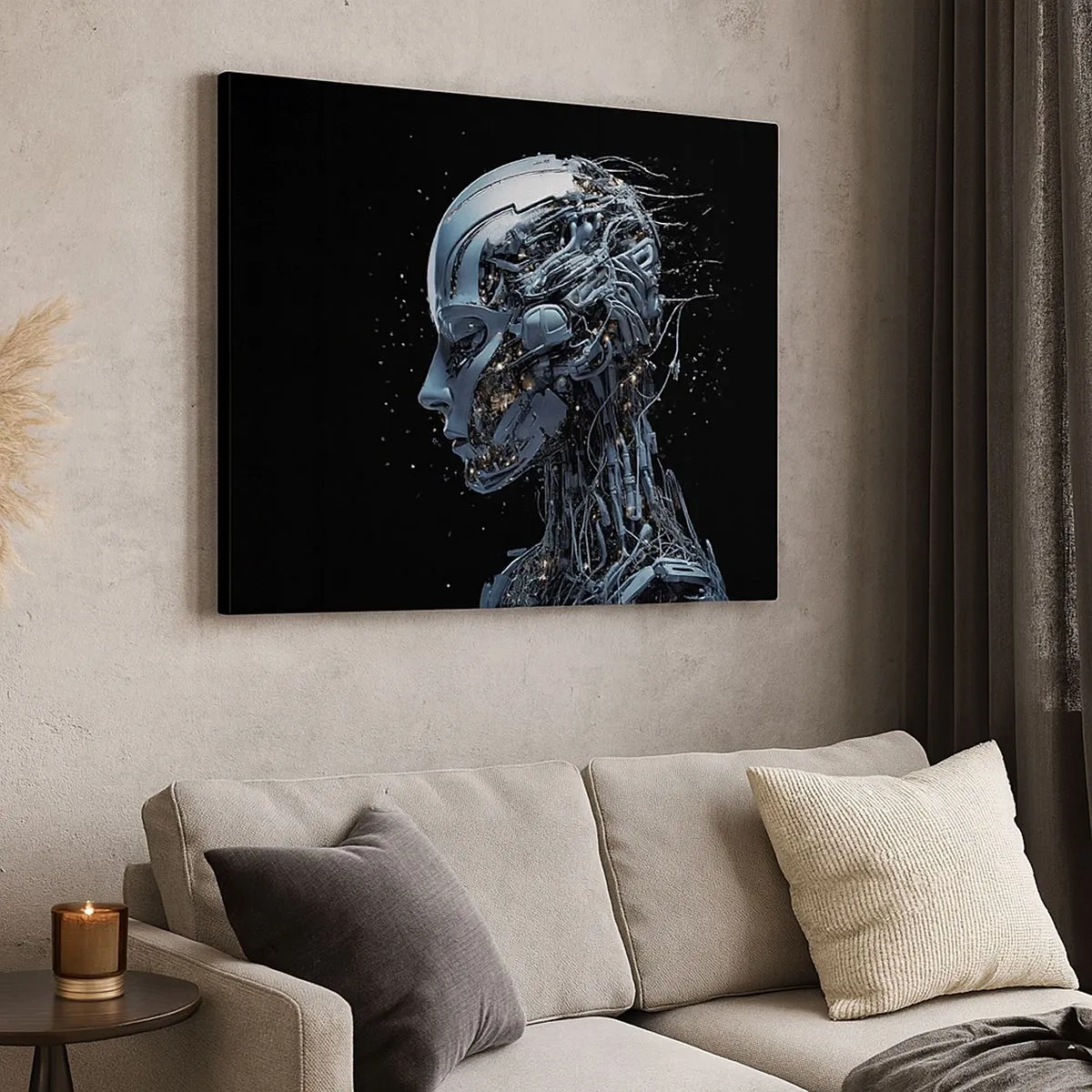Canvastavla - Bild på duk - Futuristiskt porträtt av en cyborg i industriell stil mot svart bakgrund. - 70x50cm - Teknik är en kvinna - Modern väggdekoration för vardagsrum och sovrum ARTTOR