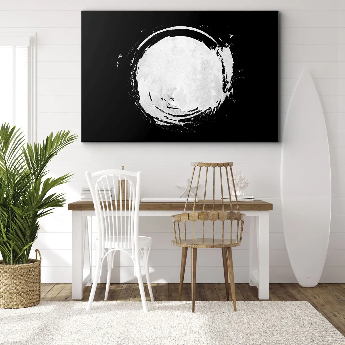 Canvastavla - Bild på duk - En vit cirkel på svart bakgrund i minimalistisk stil. - 70x50cm - Den goda vägen ut - Modern väggdekoration för vardagsrum och sovrum ARTTOR