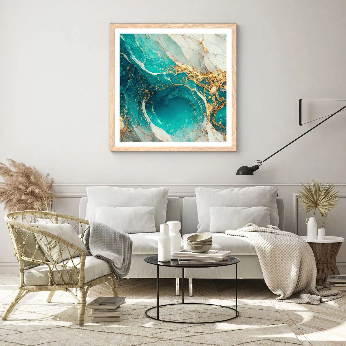 Affisch i ram av ljusek - En komposition med guldådror - 60x60 cm