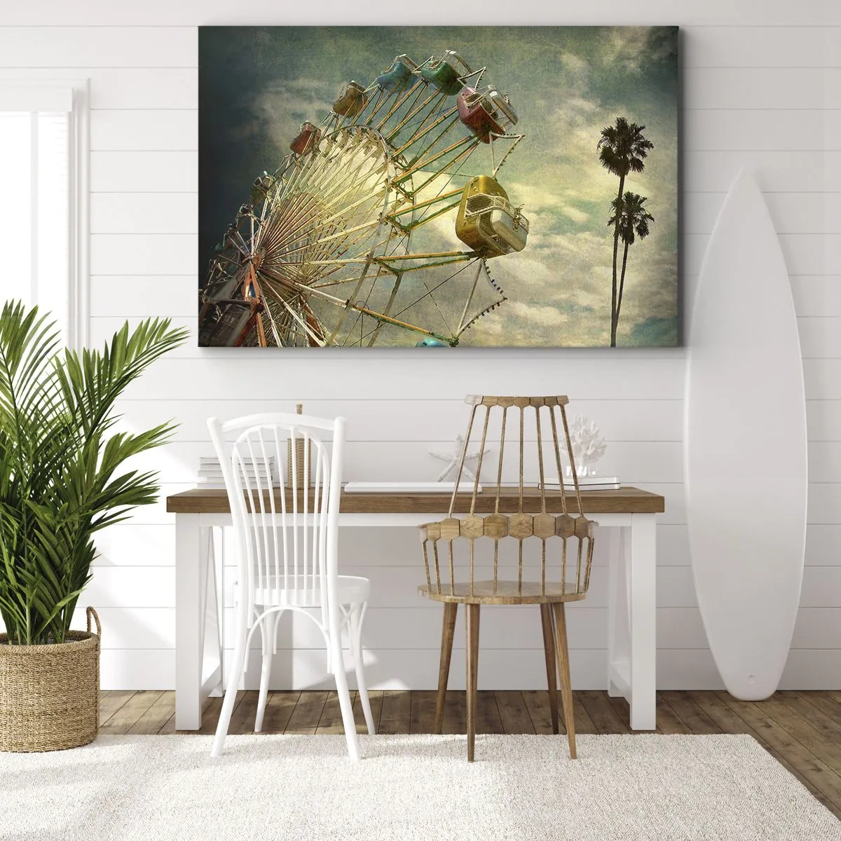 Canvastavla - Bild på duk - Retrofoto av ett pariserhjul med palmer mot himlen - 70x50cm - Kommer att bli, kommer att bli kul.... - Modern väggdekoration för vardagsrum och sovrum ARTTOR