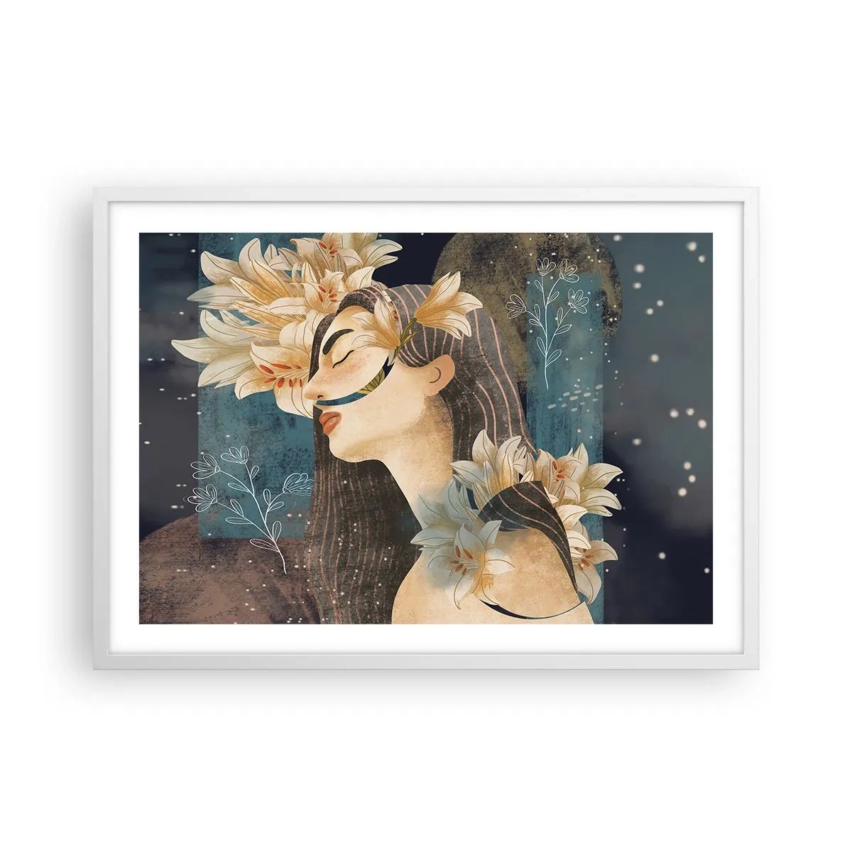 Affisch i vit ram - Sagan om drottning med liljor - 70x50 cm