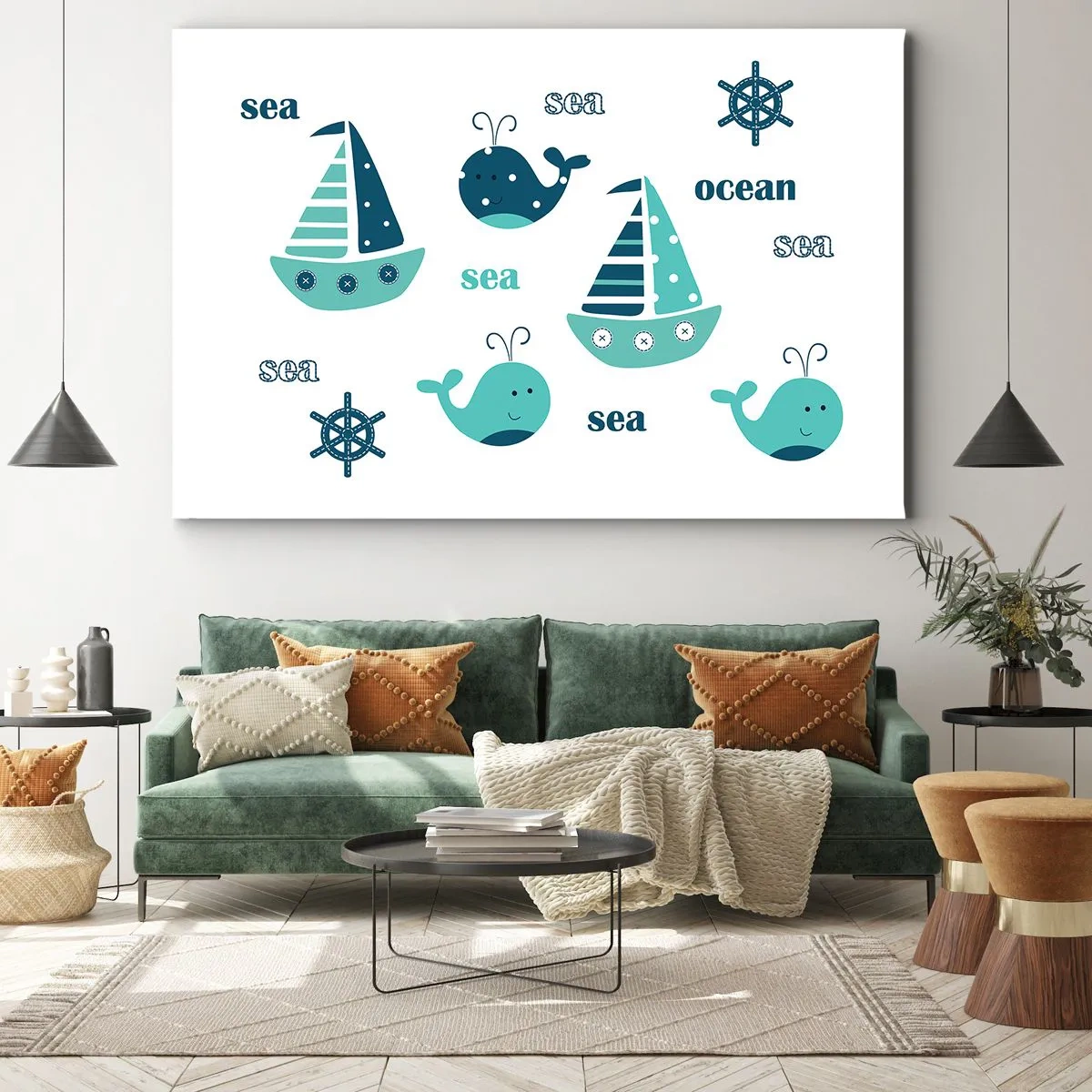 Canvastavla - Bild på duk - Charmiga nautiska motiv med valar och segelbåtar - 70x50cm - Genom sjöar och hav - Modern väggdekoration för vardagsrum och sovrum ARTTOR