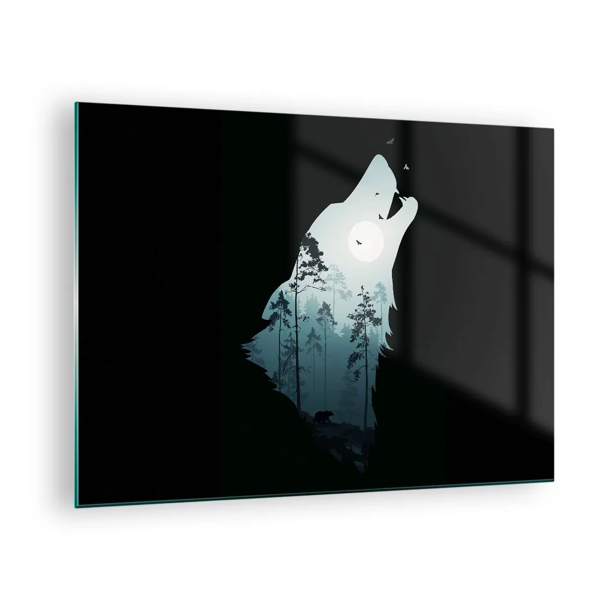 Glastavla - Bild på glas - Silhuett av en varg med en skog och måne i bakgrunden på en svart bakgrund - 70x50cm - Skogsnattens röst - Modern väggdekoration för vardagsrum och sovrum ARTTOR