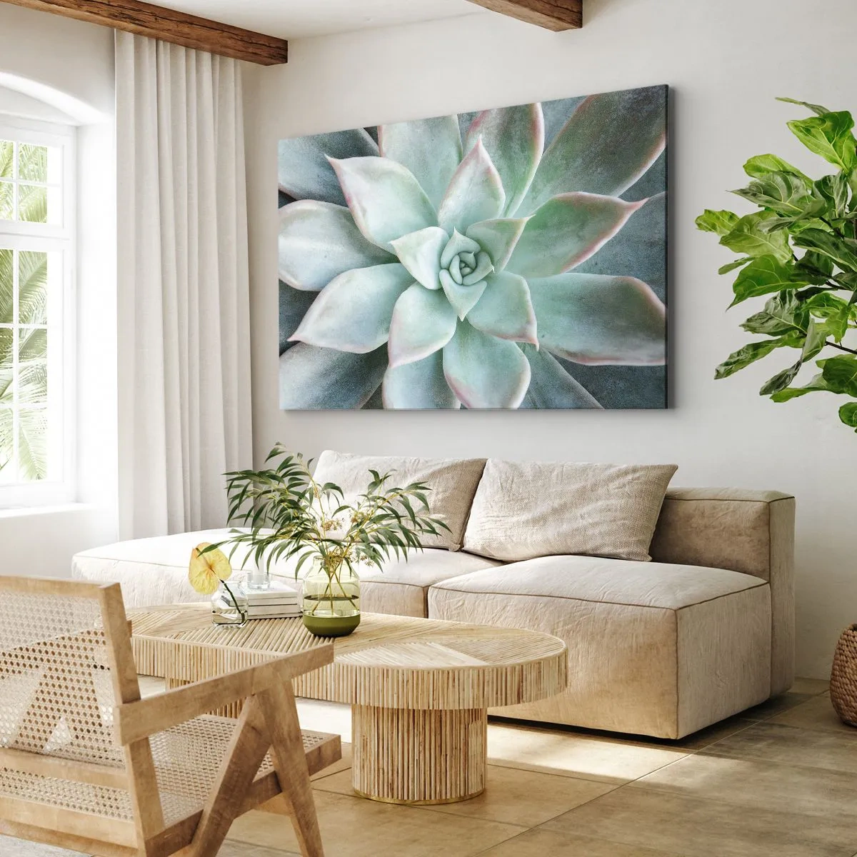 Canvastavla - Bild på duk - Närbild av en grön suckulent - 70x50cm - Öknens hjärta - Modern väggdekoration för vardagsrum och sovrum ARTTOR