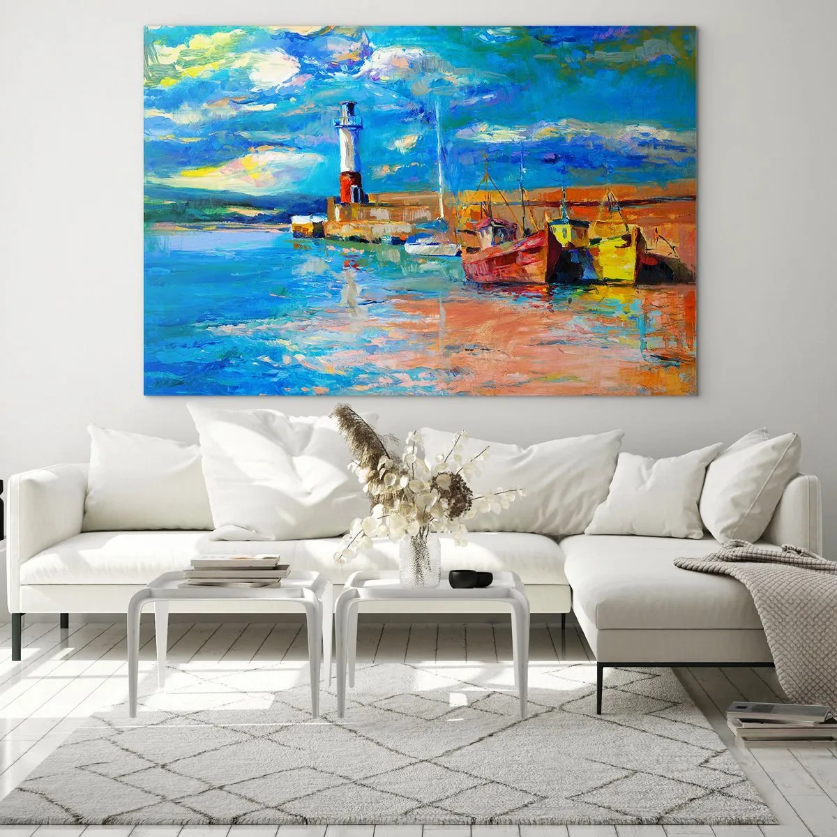 Glastavla - Bild på glas - Rainbow Bay med en fyr och färgglada båtar i hamnen - 70x50cm - Eftermiddag i regnbågsviken - Modern väggdekoration för vardagsrum och sovrum ARTTOR