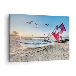 Canvastavla - Bild på duk - En båt på stranden i gryningen med måsar och röda flaggor - 70x50cm - Välförtjänt vila - Modern väggdekoration för vardagsrum och sovrum ARTTOR