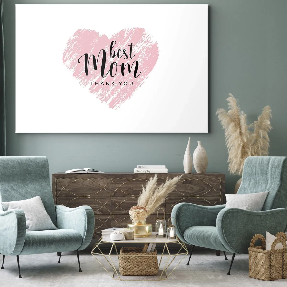 Canvastavla - Bild på duk - Rosa hjärta med orden "Bästa mamma, tack" på vit bakgrund - 70x50cm - Alltid rätt ögonblick - Modern väggdekoration för vardagsrum och sovrum ARTTOR