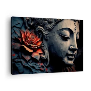 Canvastavla - Bild på duk - Buddhaskulptur med en röd lotusblomma - 70x50cm - I samklang med världen - Modern väggdekoration för vardagsrum och sovrum ARTTOR