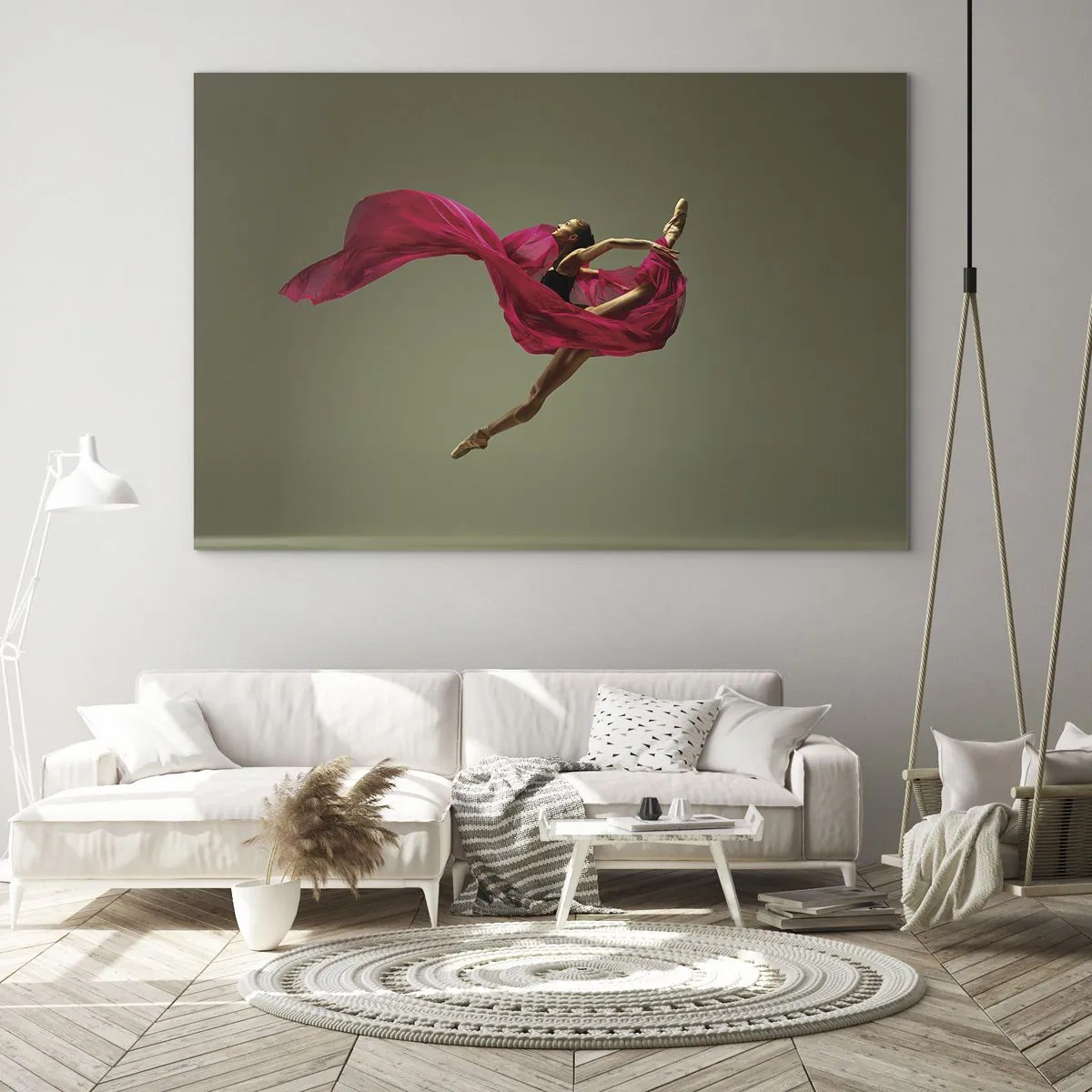 Glastavla - Bild på glas - En dansare i flykt med ett böljande fuchsia-tyg - 70x50cm - Dansande låga - Modern väggdekoration för vardagsrum och sovrum ARTTOR