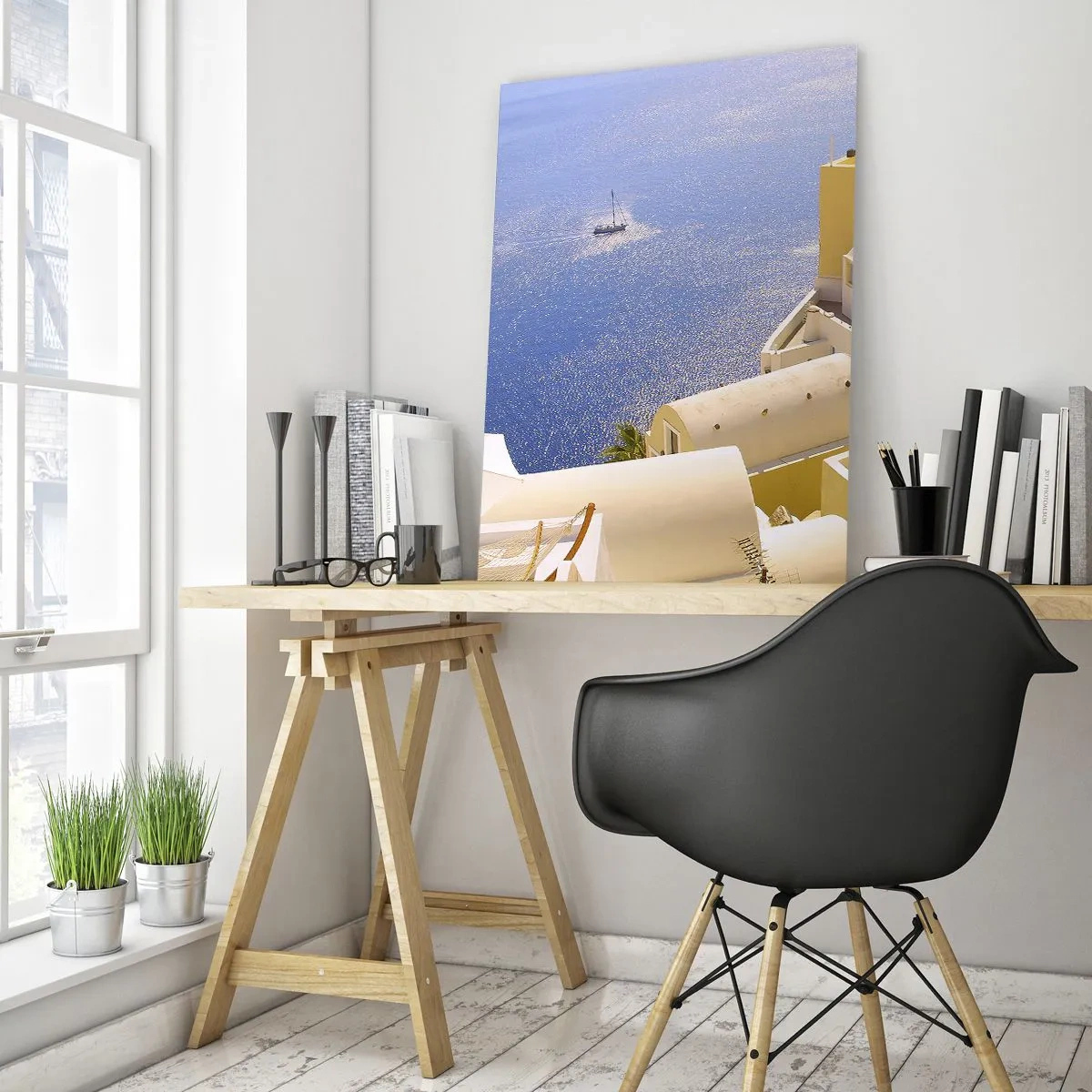 Glastavla - Bild på glas - Grekiskt landskap i vit och blå - 50x70 cm