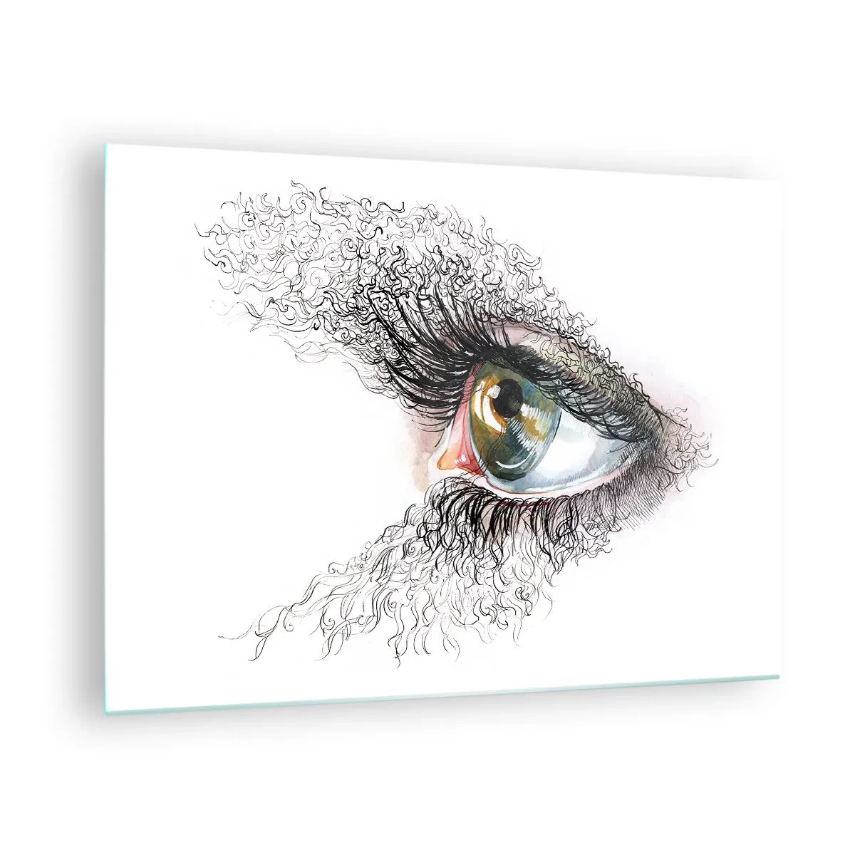 Glastavla - Bild på glas - Ett gyllene öga omgivet av dynamiska linjer och abstrakta detaljer - 70x50cm - Titta rakt in i själen - Modern väggdekoration för vardagsrum och sovrum ARTTOR