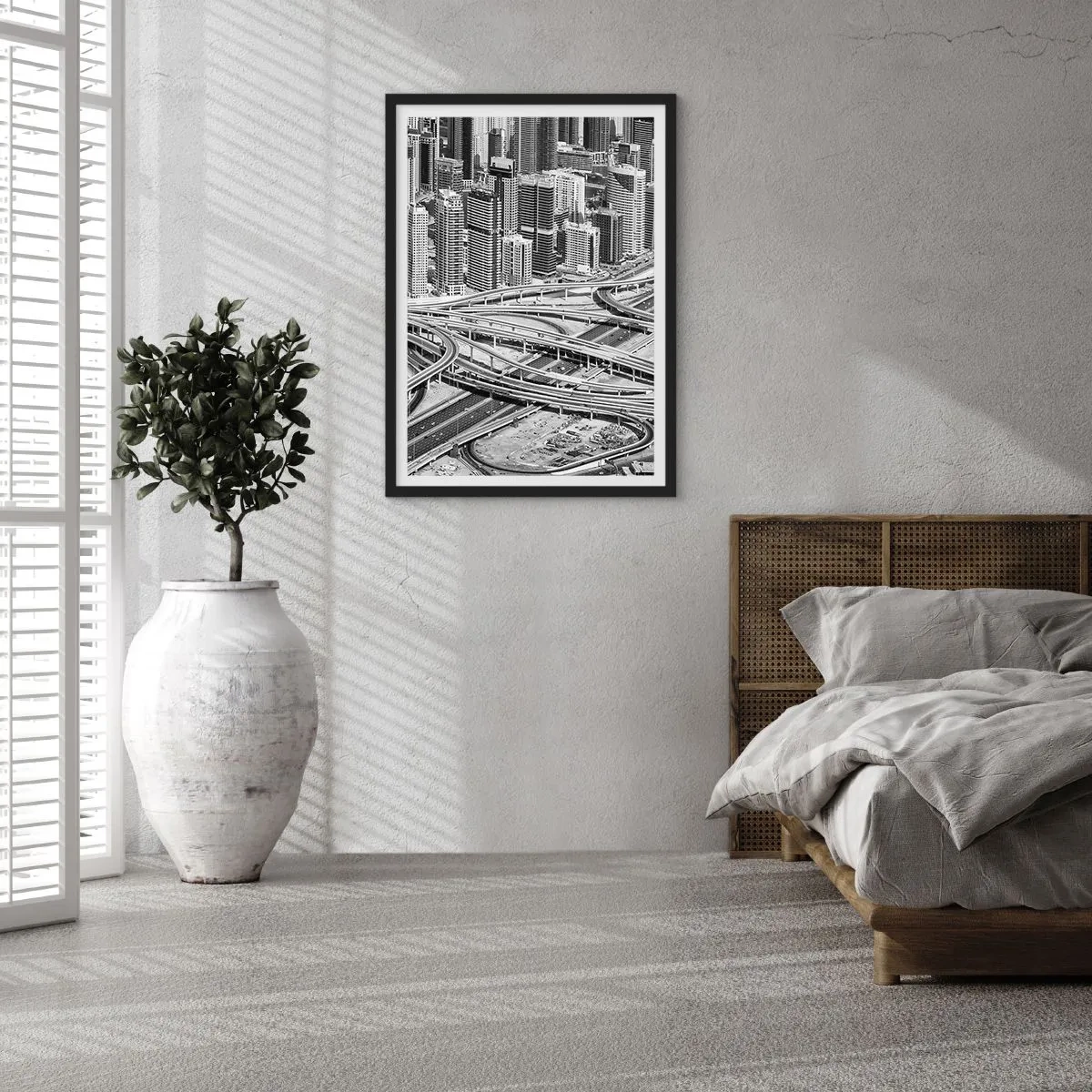 Affisch i svart ram - Stadspanorama med vägnät i svartvitt stil - 50x70cm - Dubai - en omöjlig stad - Modern väggdekoration för vardagsrum och sovrum ARTTOR