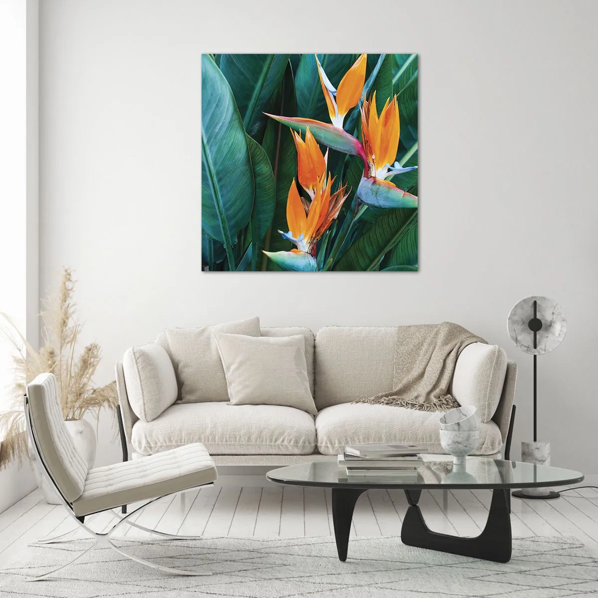 Glastavla - Bild på glas - Är det en blomma, eller en fågel? - 40x40 cm