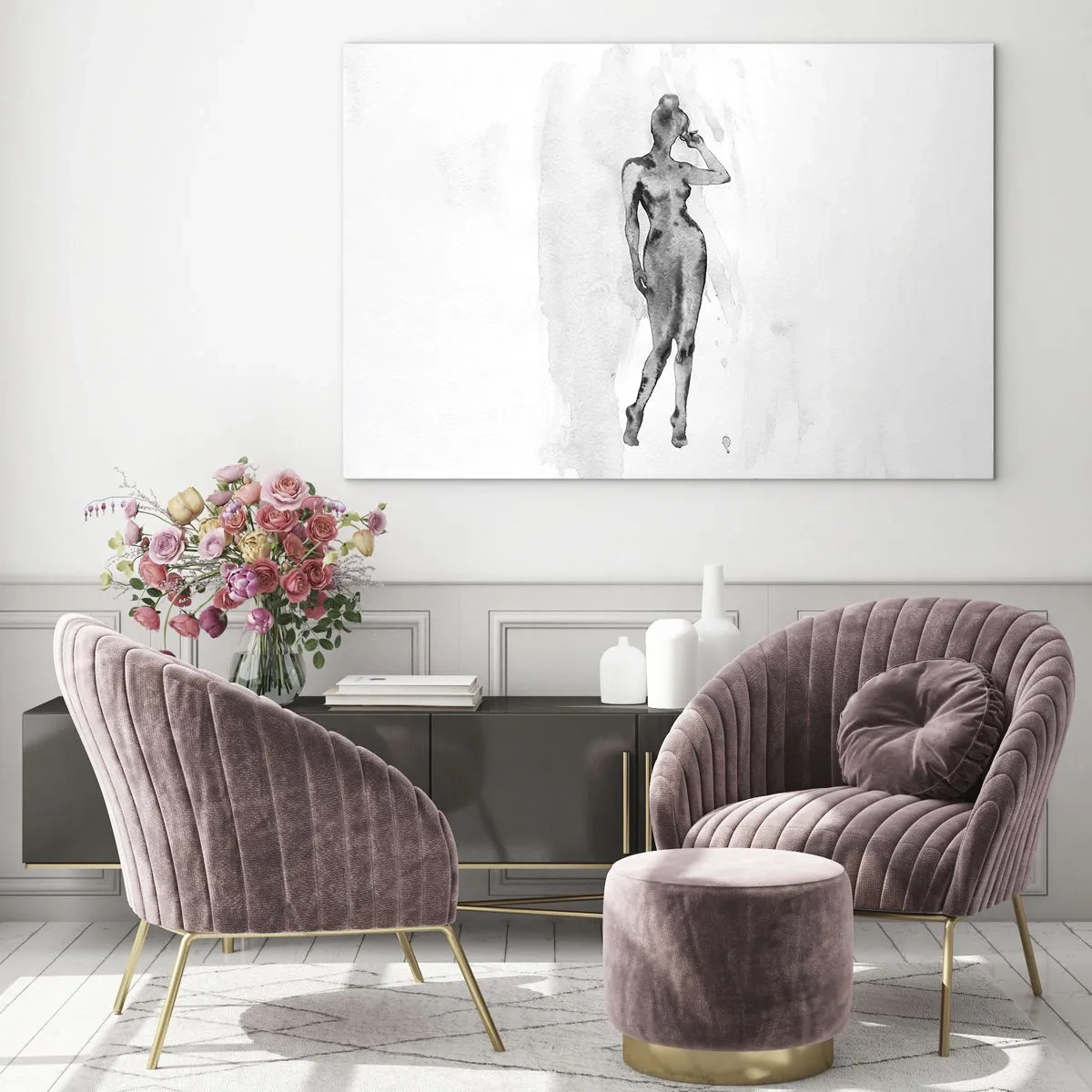 Glastavla - Bild på glas - Silhuett av en kvinna i grå nyanser mot vit bakgrund - 70x50cm - En studie om kvinnlighetens perfektion - Modern väggdekoration för vardagsrum och sovrum ARTTOR