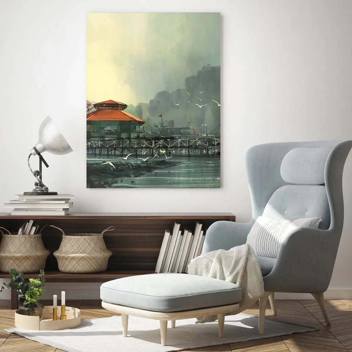 Glastavla - Bild på glas - Duggig dag i hamnen - 50x70 cm