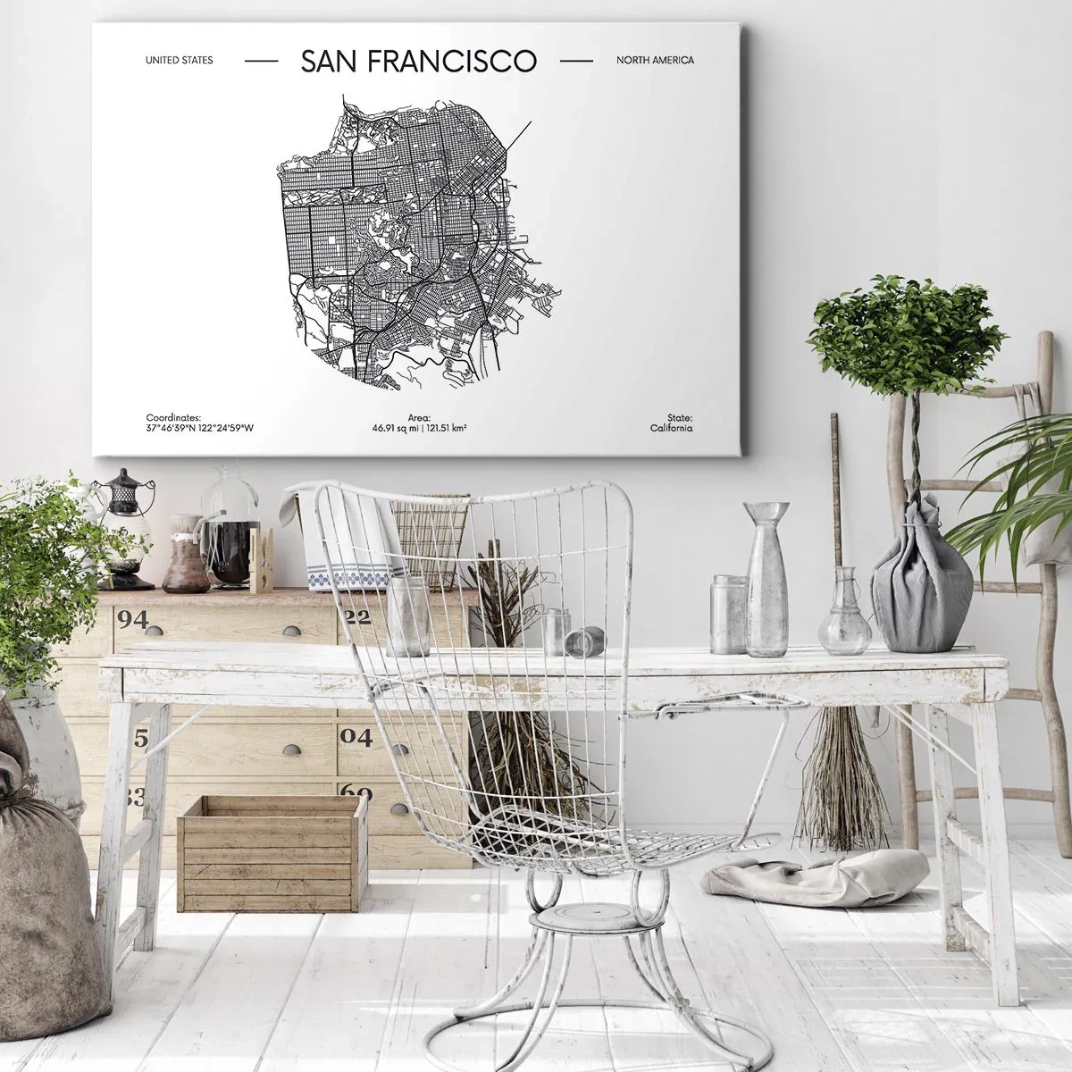 Canvastavla - Bild på duk - En karta över San Francisco i svartvit minimalistisk stil. - 70x50cm - San Franciscos anatomi - Modern väggdekoration för vardagsrum och sovrum ARTTOR