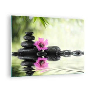 Glastavla - Bild på glas - Svarta stenar och en rosa blomma mot naturens bakgrund - 70x50cm - Tid för själen - Modern väggdekoration för vardagsrum och sovrum ARTTOR