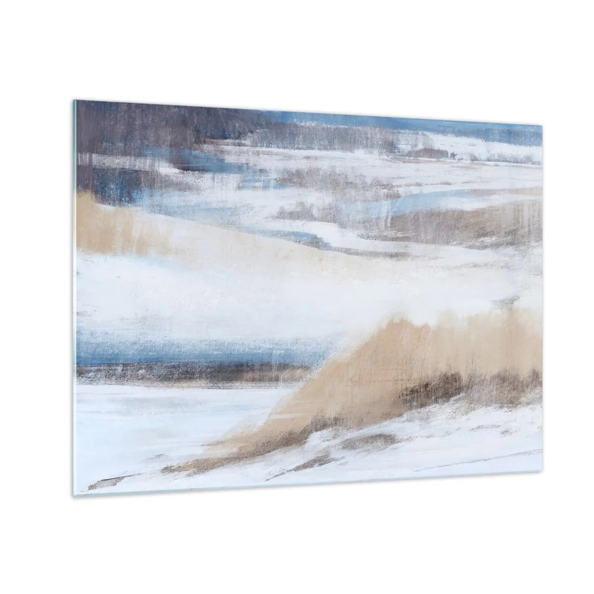 Glastavla - Bild på glas - En delikat abstraktion i svala beige och blå toner. - 70x50cm - Vinterkomposition - Modern väggdekoration för vardagsrum och sovrum ARTTOR