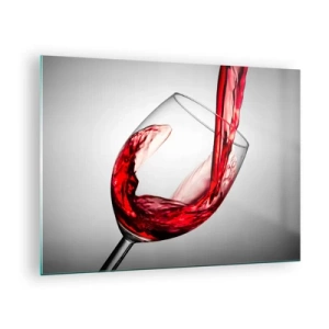 Glastavla - Bild på glas - Rött vin som hälls i ett glas mot en ljus bakgrund - 70x50cm - Färg - rörelse - ljud - Modern väggdekoration för vardagsrum och sovrum ARTTOR