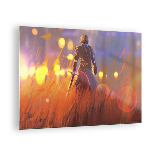 Glastavla - Bild på glas - En figur i rustning bland orange gräs med en lysande bakgrund. - 70x50cm - Vandrande riddare - Modern väggdekoration för vardagsrum och sovrum ARTTOR