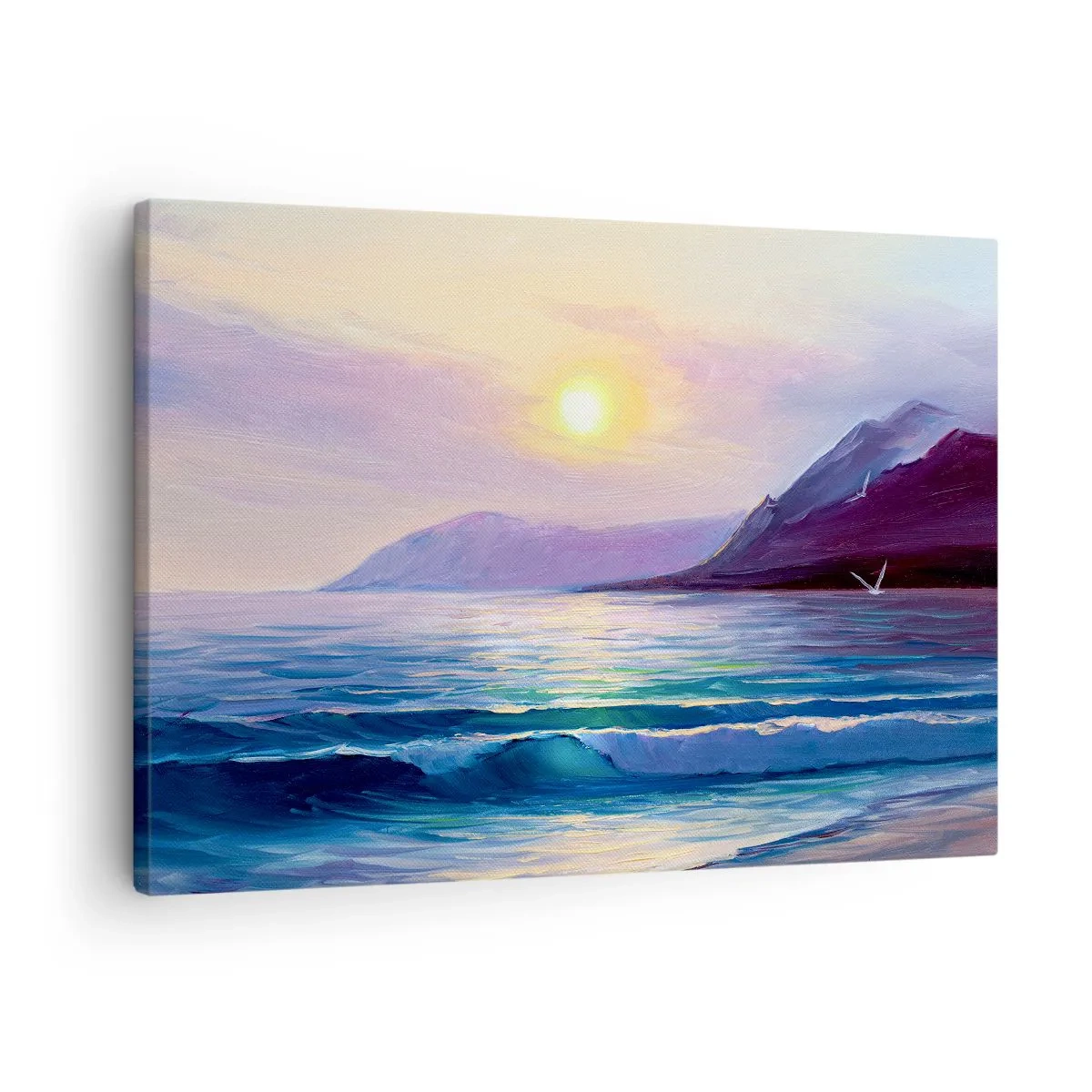 Canvastavla - Bild på duk - Ett pittoreskt havslandskap vid solnedgången med vågor och berg - 70x50cm - Vattnets och luftens kristall - Modern väggdekoration för vardagsrum och sovrum ARTTOR