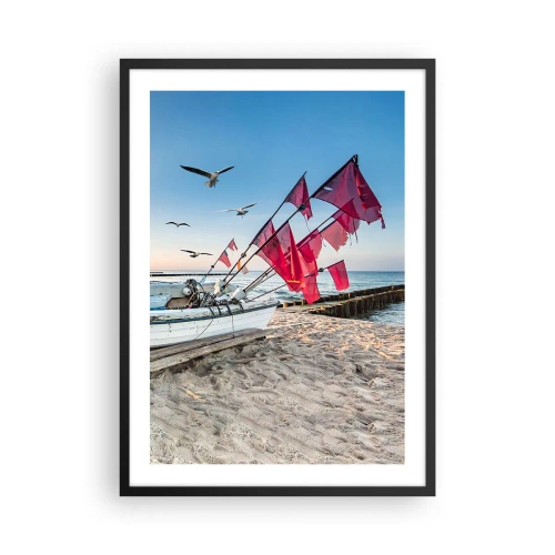 Affisch i svart ram - Fiskebåt med röda flaggor på stranden - 50x70cm - Välförtjänt vila - Modern väggdekoration för vardagsrum och sovrum ARTTOR