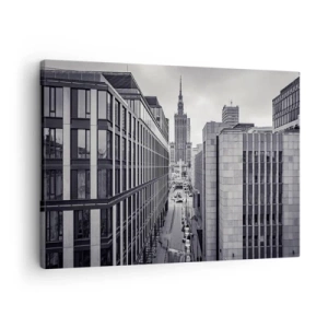 Canvastavla - Bild på duk - Panorama över Warszawa med utsikt över Kulturpalatset och de omgivande byggnaderna - 70x50cm - Warszawadalen - Modern väggdekoration för vardagsrum och sovrum ARTTOR