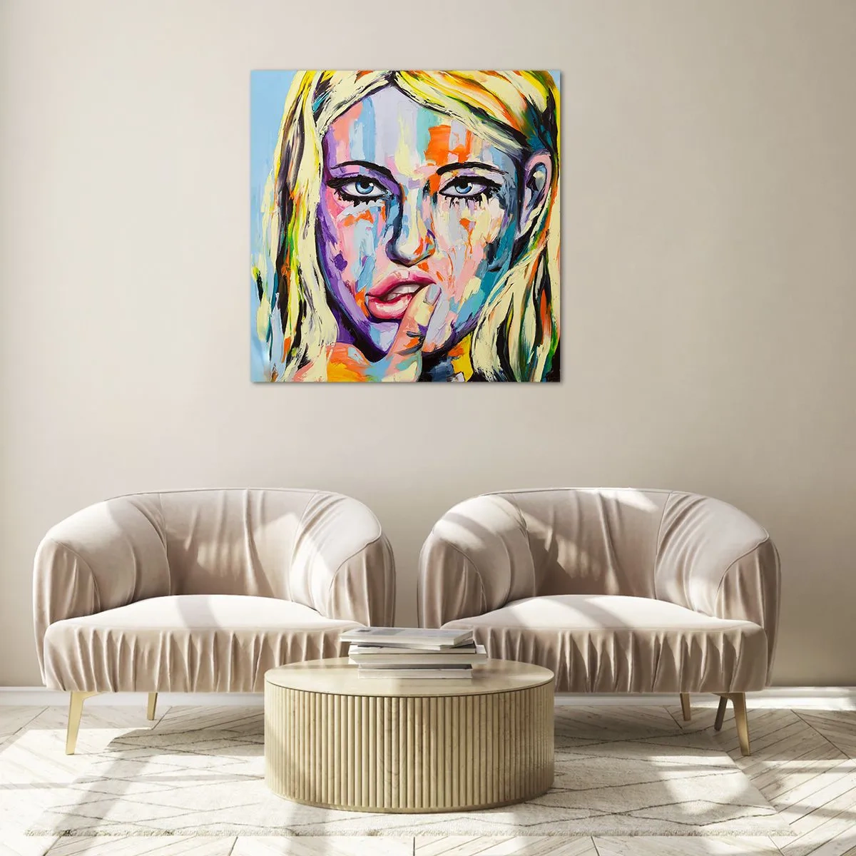 Glastavla - Bild på glas - Titta henne rakt in i ögonen - 70x70 cm