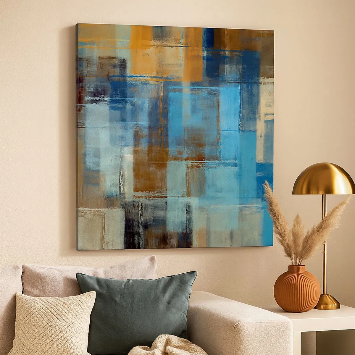 Canvastavla - Bild på duk - Genom blåa gardinen - 30x30 cm