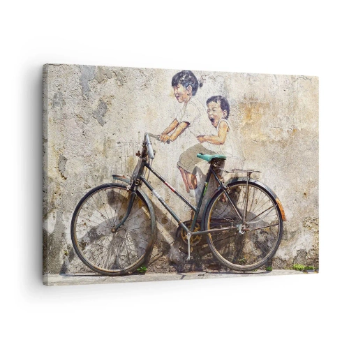 Canvastavla - Bild på duk - Gatukonst med en cykel och barnteckningar på väggen - 70x50cm - Sant eller falskt? - Modern väggdekoration för vardagsrum och sovrum ARTTOR