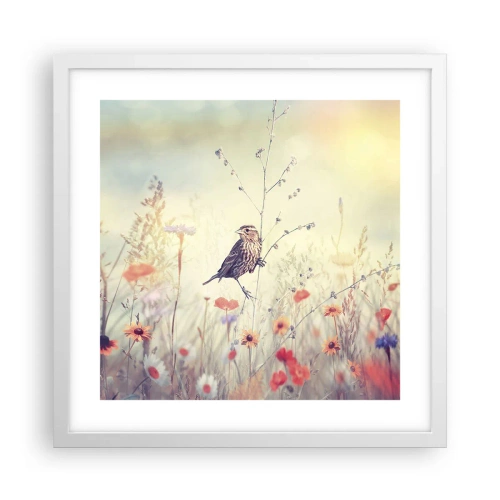 Affisch i vit ram - Fågelporträtt med en äng i bakgrunden - 40x40 cm