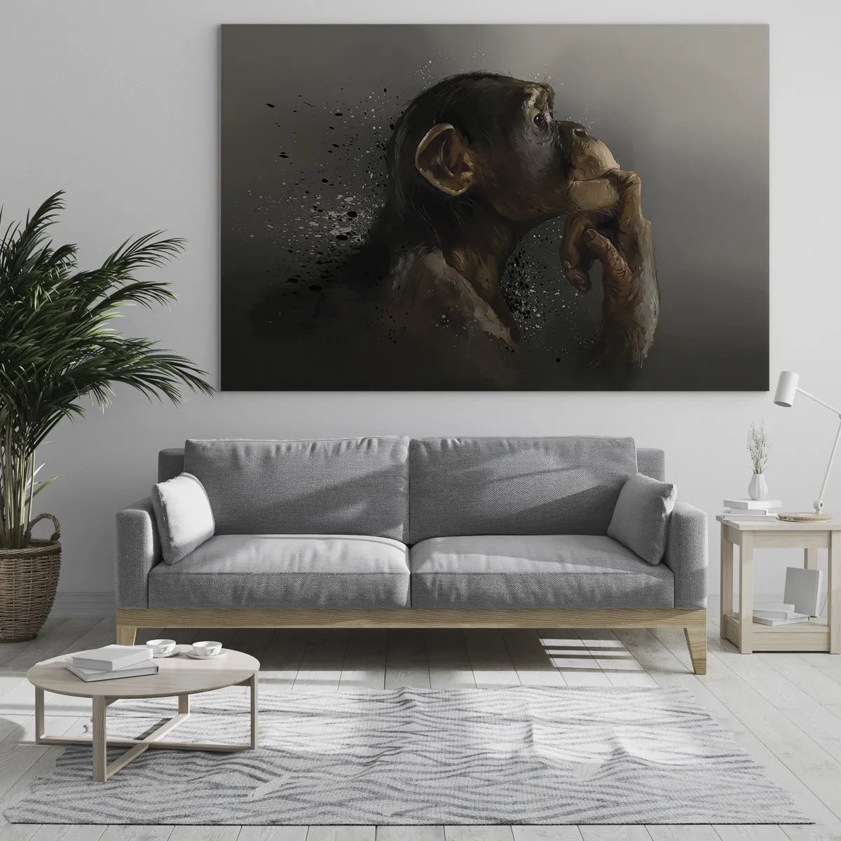 Glastavla - Bild på glas - En apa som ser fundersam ut mot en mörk bakgrund med stänkeffekt - 70x50cm - Säkert en tänkare - Modern väggdekoration för vardagsrum och sovrum ARTTOR