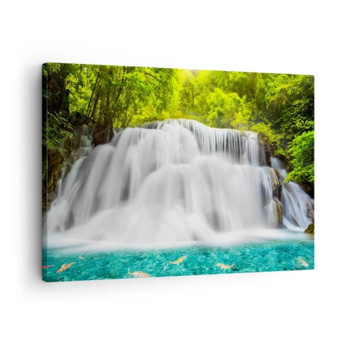 Canvastavla - Bild på duk - Ett vattenfall i en tropisk skog med turkost vatten - 70x50cm - Skummande kaskad från grönt till azur - Modern väggdekoration för vardagsrum och sovrum ARTTOR