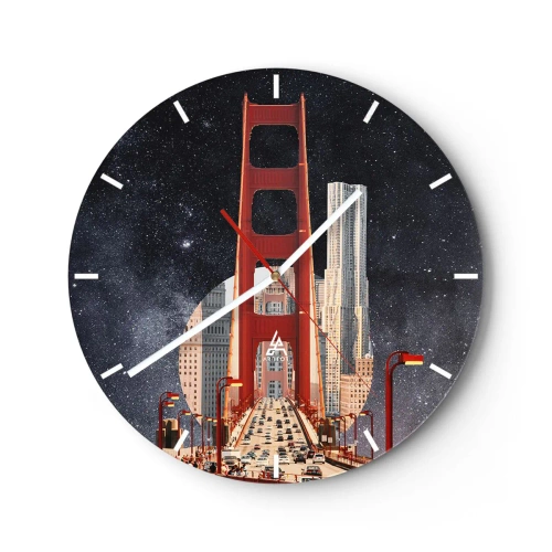 Väggklocka - Klocka på glas - Stadsbron i ljuset av gatlyktor mot bakgrund av stjärnhimlen - 30x30cm - Alltid i centrum - Modern väggdekoration för vardagsrum, kök och sovrum ARTTOR