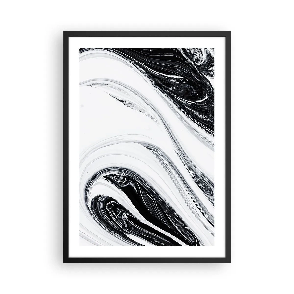 Affisch i svart ram - Abstrakt mönster i svartvitt med böljande linjer - 50x70cm - Motsatskombination - Modern väggdekoration för vardagsrum och sovrum ARTTOR