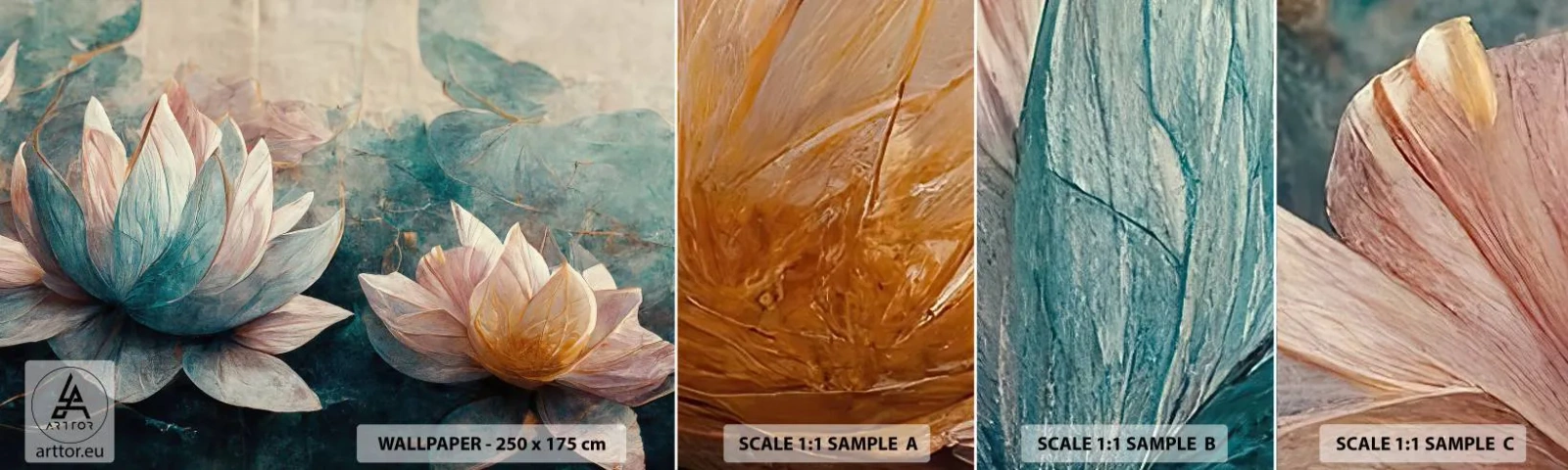 Provbit av självhäftande fototapet Deluxe Sticker - Stjärnor i en sjö - Blommor, Art déco, Lotus - 100x30 cm