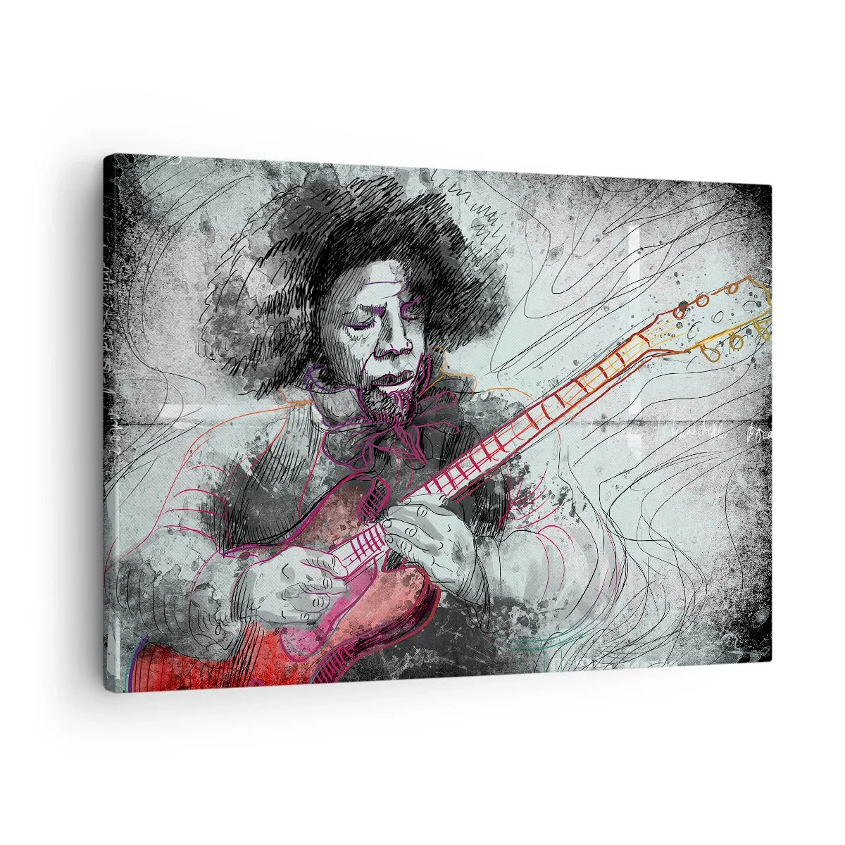 Canvastavla - Bild på duk - Konstnärligt porträtt av en gitarrist i skissteknik - 70x50cm - På musikens vågor - Modern väggdekoration för vardagsrum och sovrum ARTTOR
