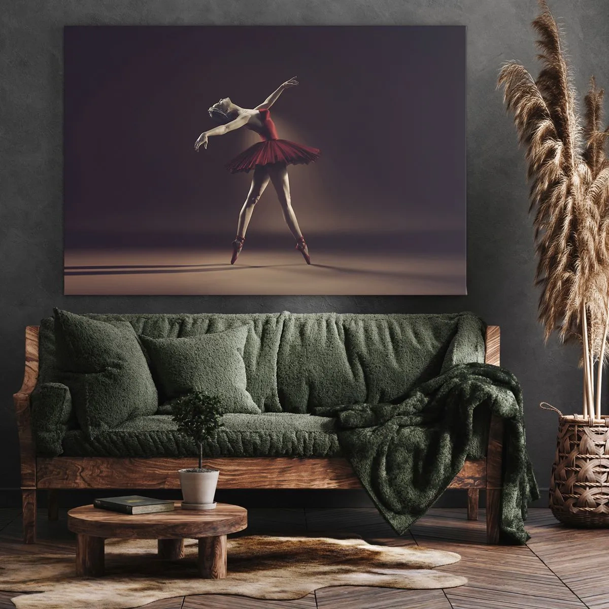 Canvastavla - Bild på duk - En balettdansös i en röd klänning mot bakgrund av en scen - 70x50cm - Prima ballerina - Modern väggdekoration för vardagsrum och sovrum ARTTOR
