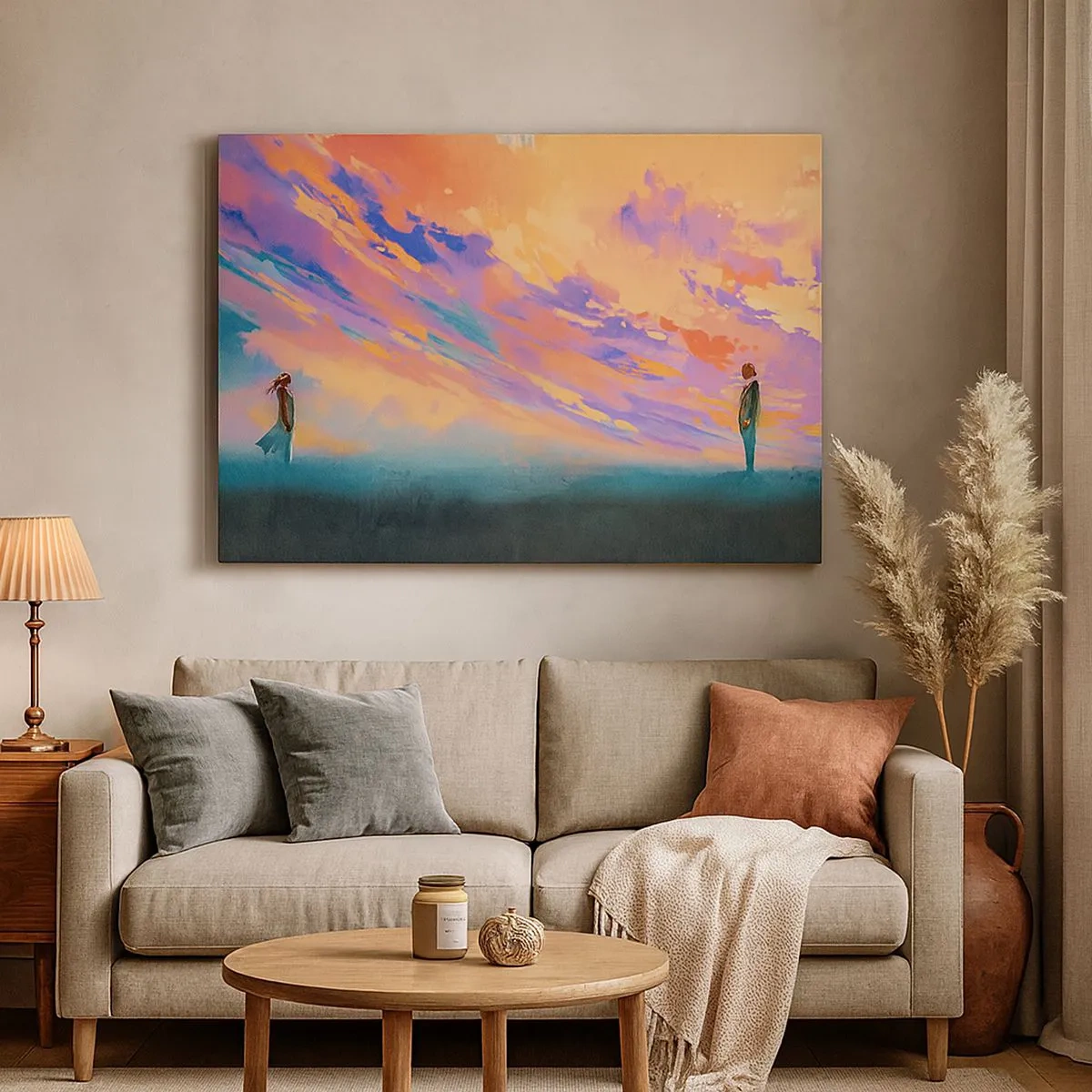 Canvastavla - Bild på duk - En dynamisk scen med figurer mot en färgglad solnedgångshimmel - 70x50cm - Dragkraft - Modern väggdekoration för vardagsrum och sovrum ARTTOR