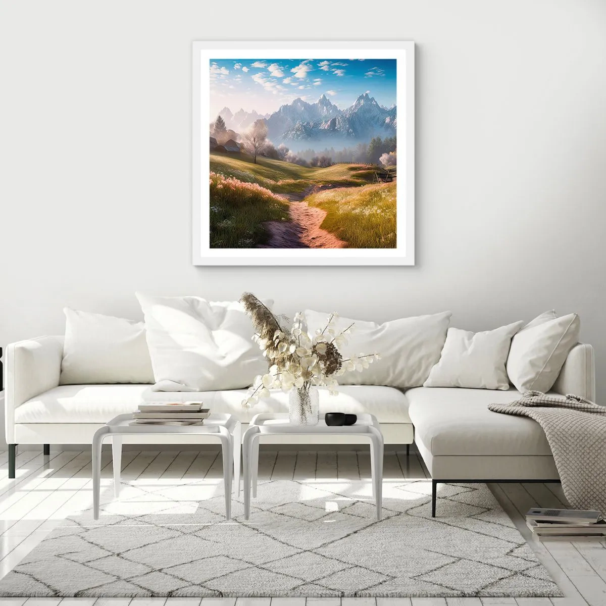 Affisch i vit ram - Idyllisk dal - 60x60 cm