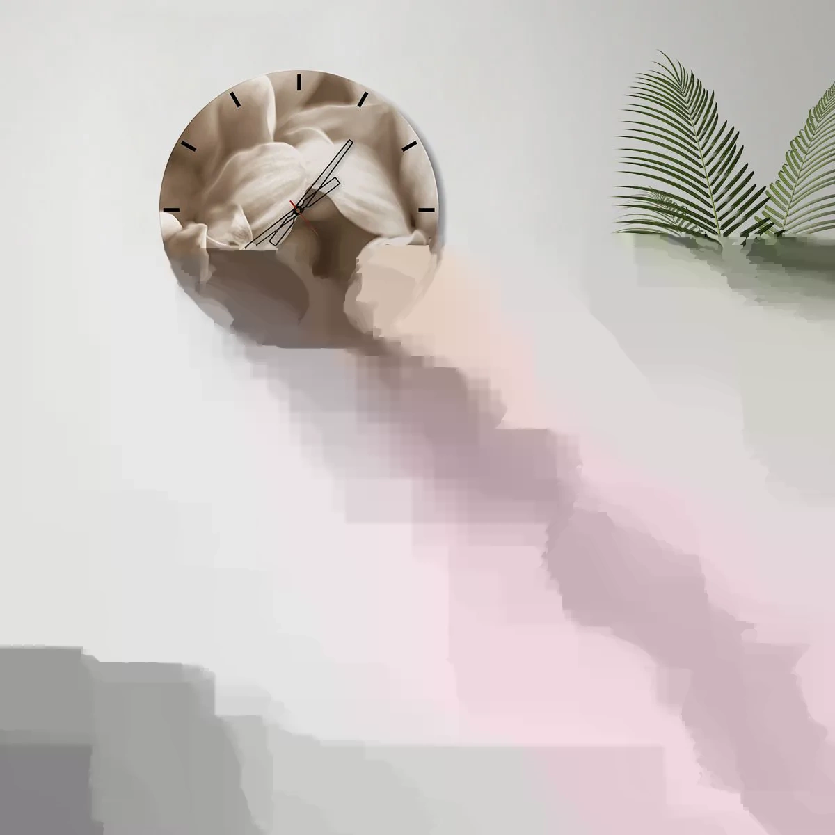 Väggklocka - Klocka på glas - Närbild av krämiga sepia blomblad - 30x30cm - Milda som ett leende - Modern väggdekoration för vardagsrum, kök och sovrum ARTTOR