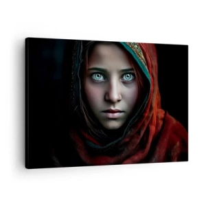 Canvastavla - Bild på duk - Porträtt av en kvinna med intensiv blick i varma färger - 70x50cm - Östlig prinsessa - Modern väggdekoration för vardagsrum och sovrum ARTTOR