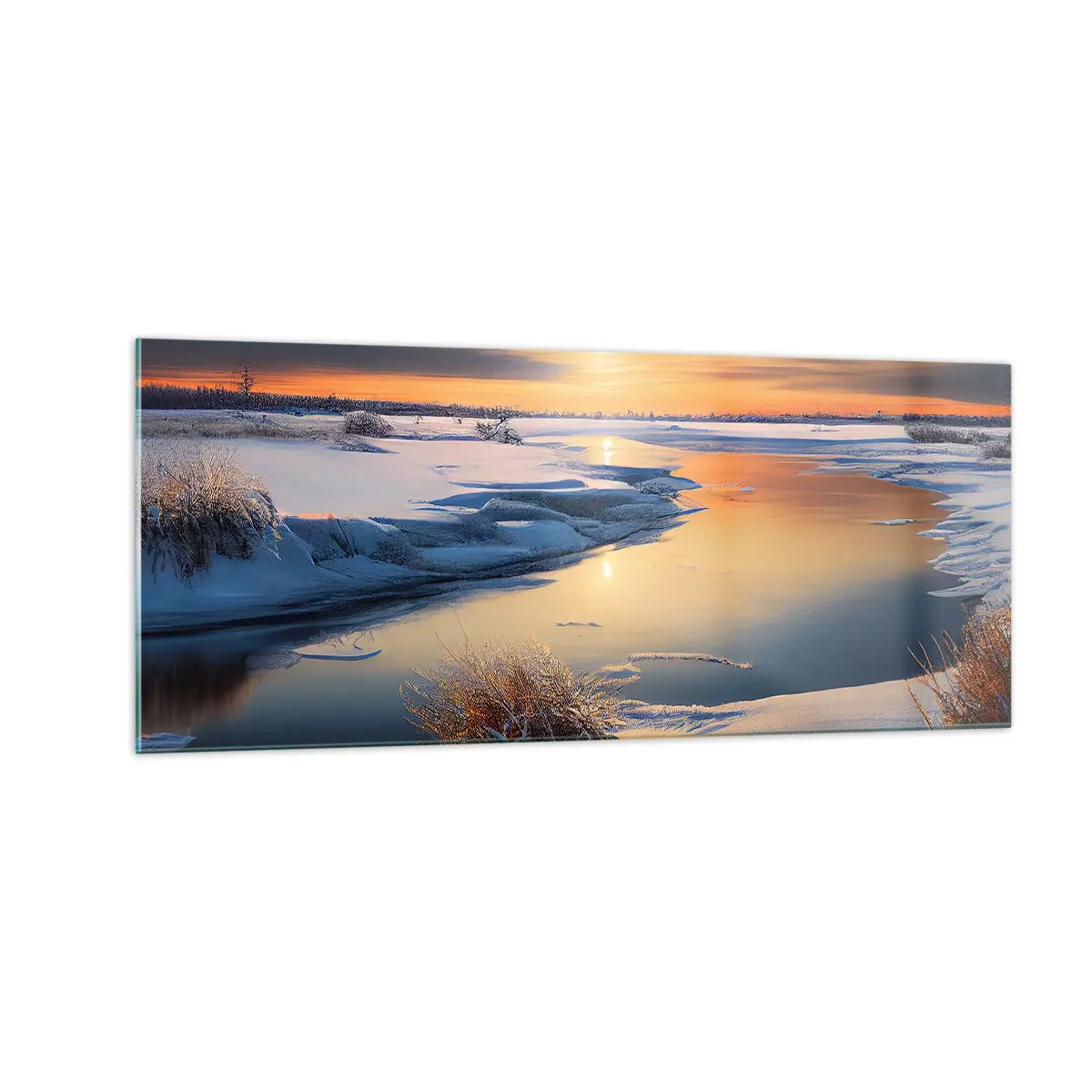 Glastavla - Bild på glas - Vintersolnedgång - 100x40 cm