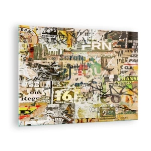 Glastavla - Bild på glas - En konstnärlig komposition av affischer, inskriptioner och graffiti - 70x50cm - Oj, det händer saker och ting - Modern väggdekoration för vardagsrum och sovrum ARTTOR