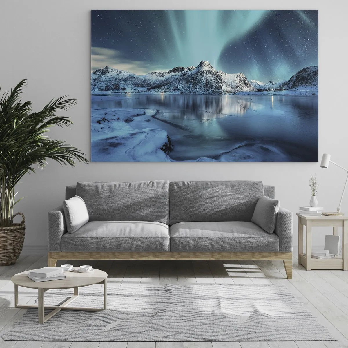Glastavla - Bild på glas - Aurora Borealis över de snötäckta bergen - 70x50cm - Ljusets natt - Modern väggdekoration för vardagsrum och sovrum ARTTOR