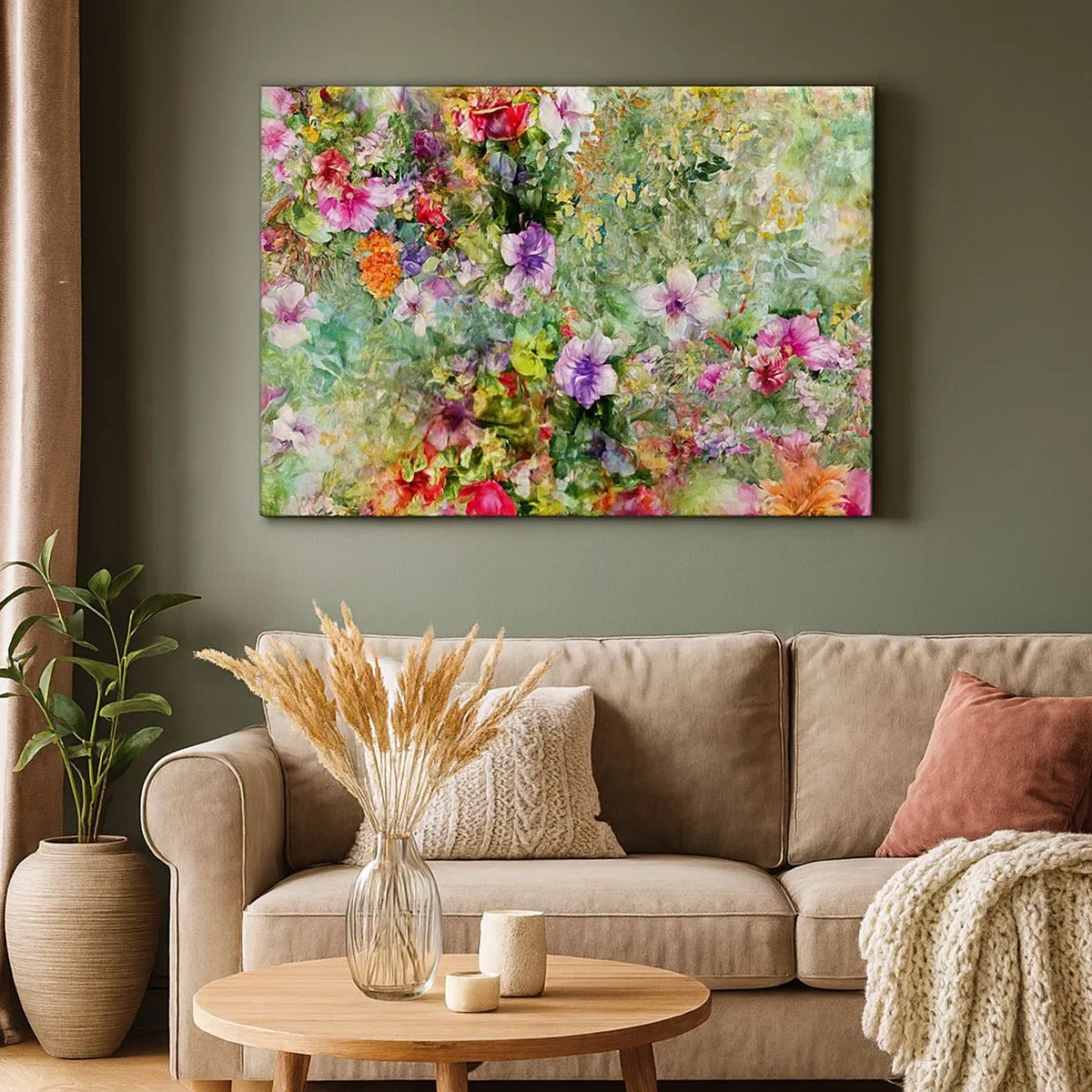 Canvastavla - Bild på duk - Ett färgglatt blomsterarrangemang på en grön bakgrund - 70x50cm - Ta en dopp i blommorna - Modern väggdekoration för vardagsrum och sovrum ARTTOR